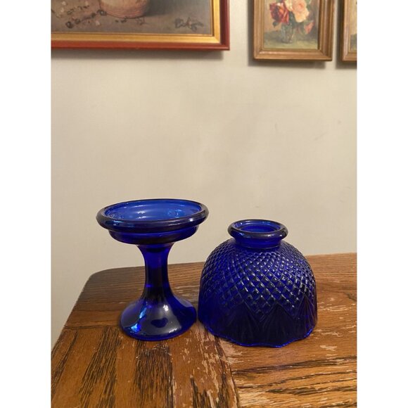 Vintage Cobalt Blue Pressed Glass Fairy Lamp Shade & Base Set - Picture 4 of 5